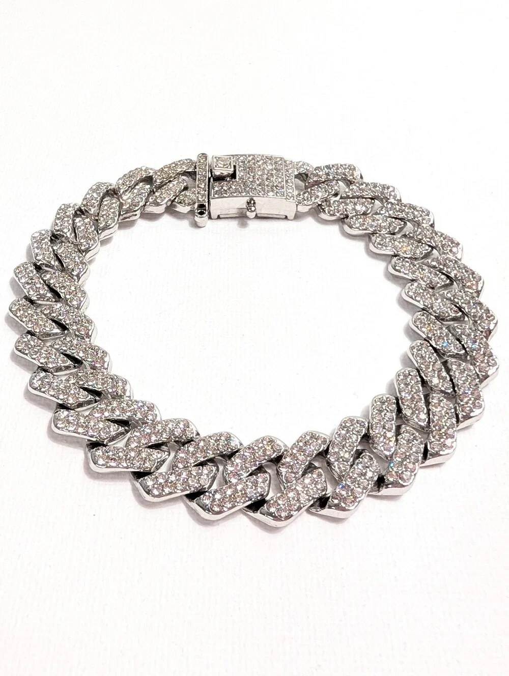 Men's Iced Out Silver Tone Rhinestone Cuban Link Chain Bracelet Size 9